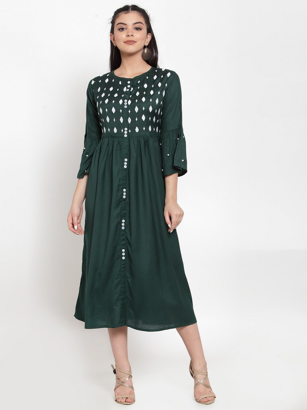

Miaz Lifestyle Geometric Embroidered Bell Sleeve Fit & Flare Midi Dress, Green