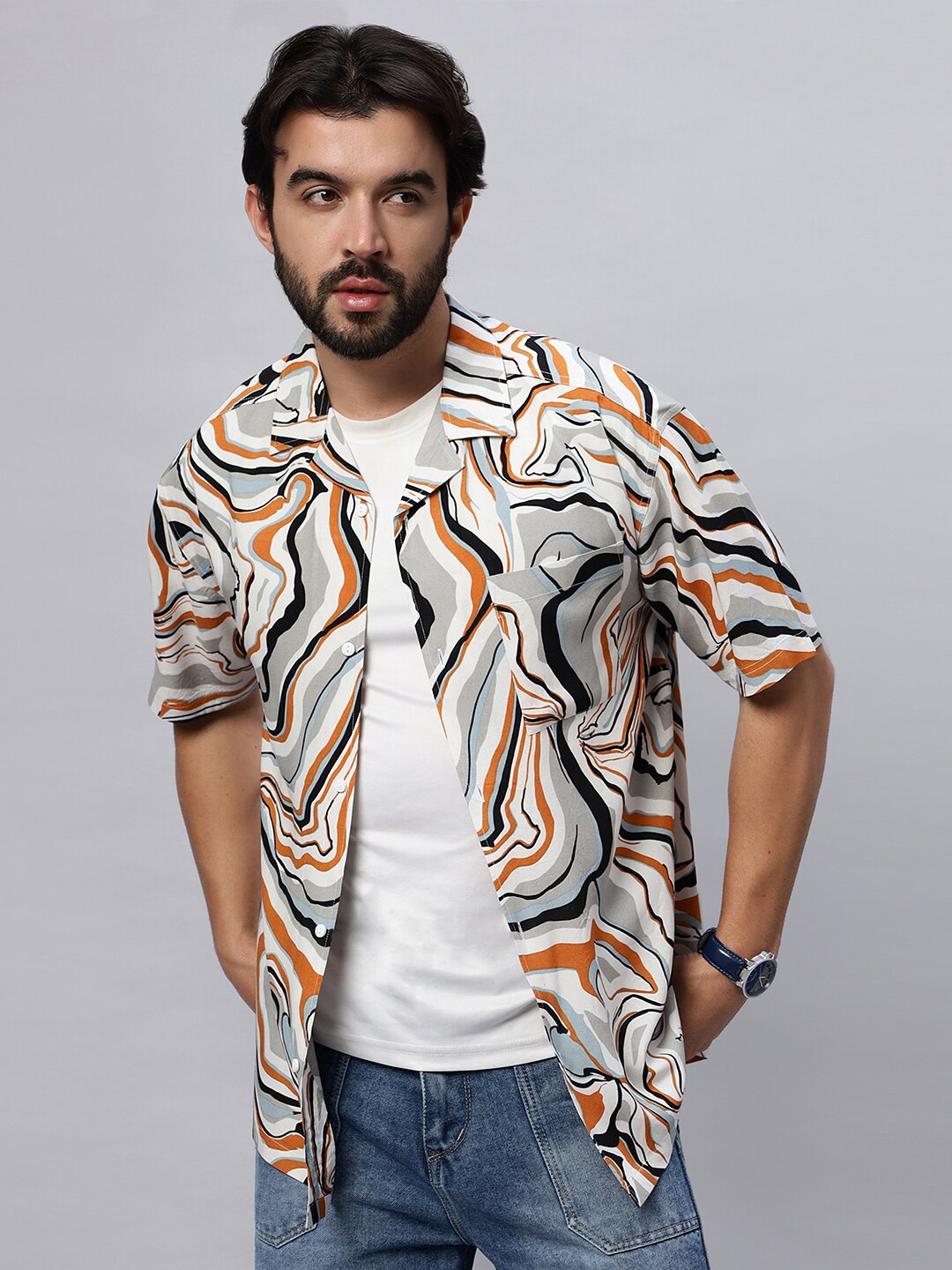 

The Roadster Lifestyle Co. Orange Relaxed Fit Abstract Printed Pure Cotton Shirt, Multi