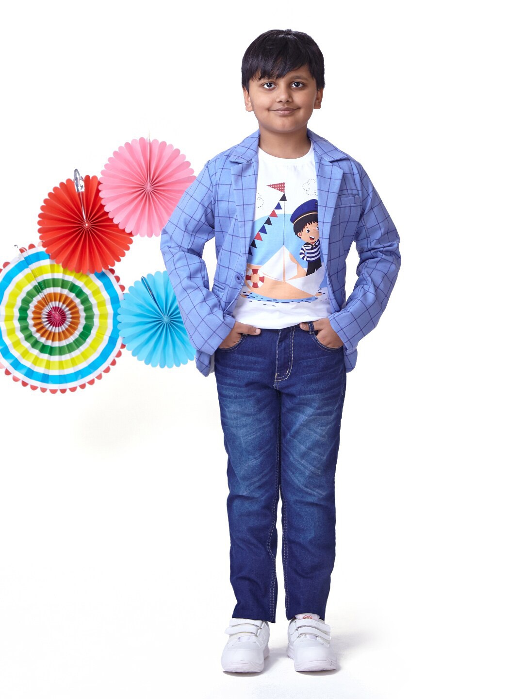 

Knit N Knot Boys Printed T-shirt with Trousers & Blazers, Peach