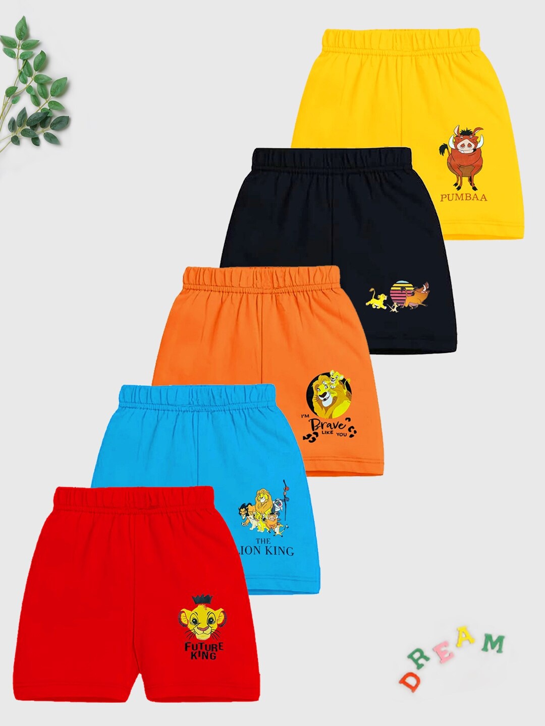 

KUCHIPOO Kids Pack Of 5 Disney Printed Shorts, Orange