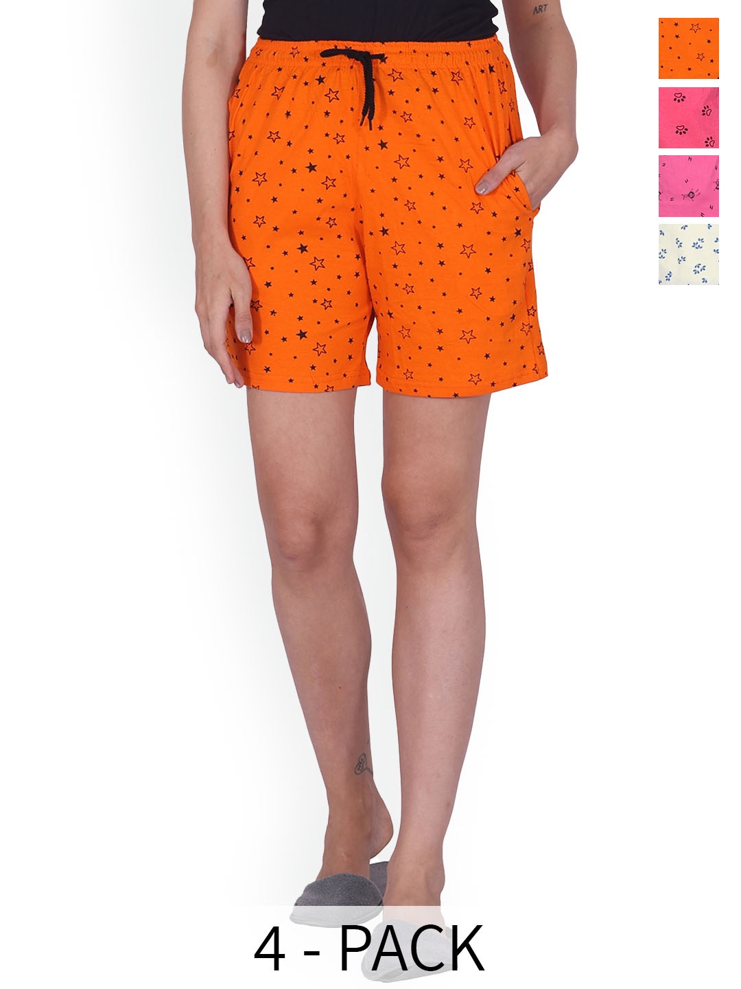 

BAESD Women Pack Of 4 Printed High-Rise Pure Cotton Shorts, Orange