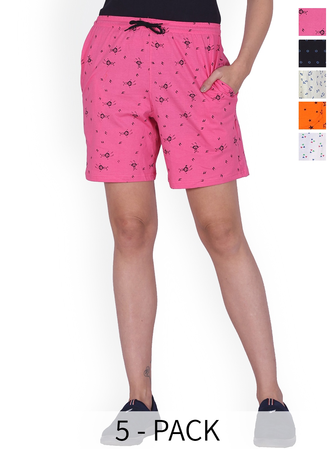 

BAESD Women Pack Of 5 Printed High-Rise Pure Cotton Shorts, Pink