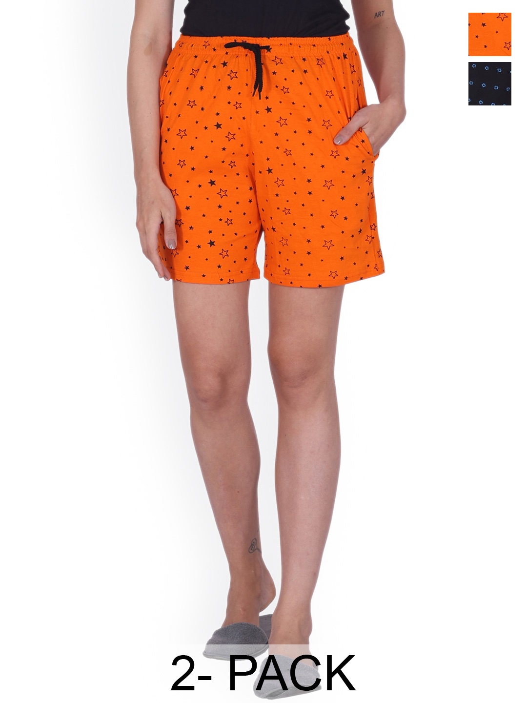 

BAESD Women Pack of 2 Geometric Printed High Rise Pure Cotton Shorts, Orange