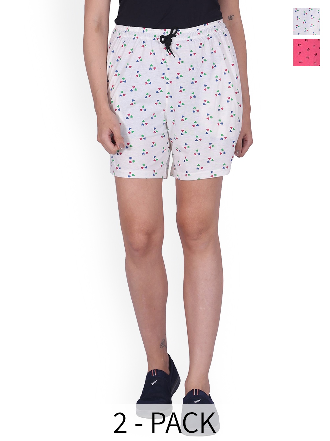 

BAESD Women Pack Of 2 Printed High-Rise Pure Cotton Shorts, White
