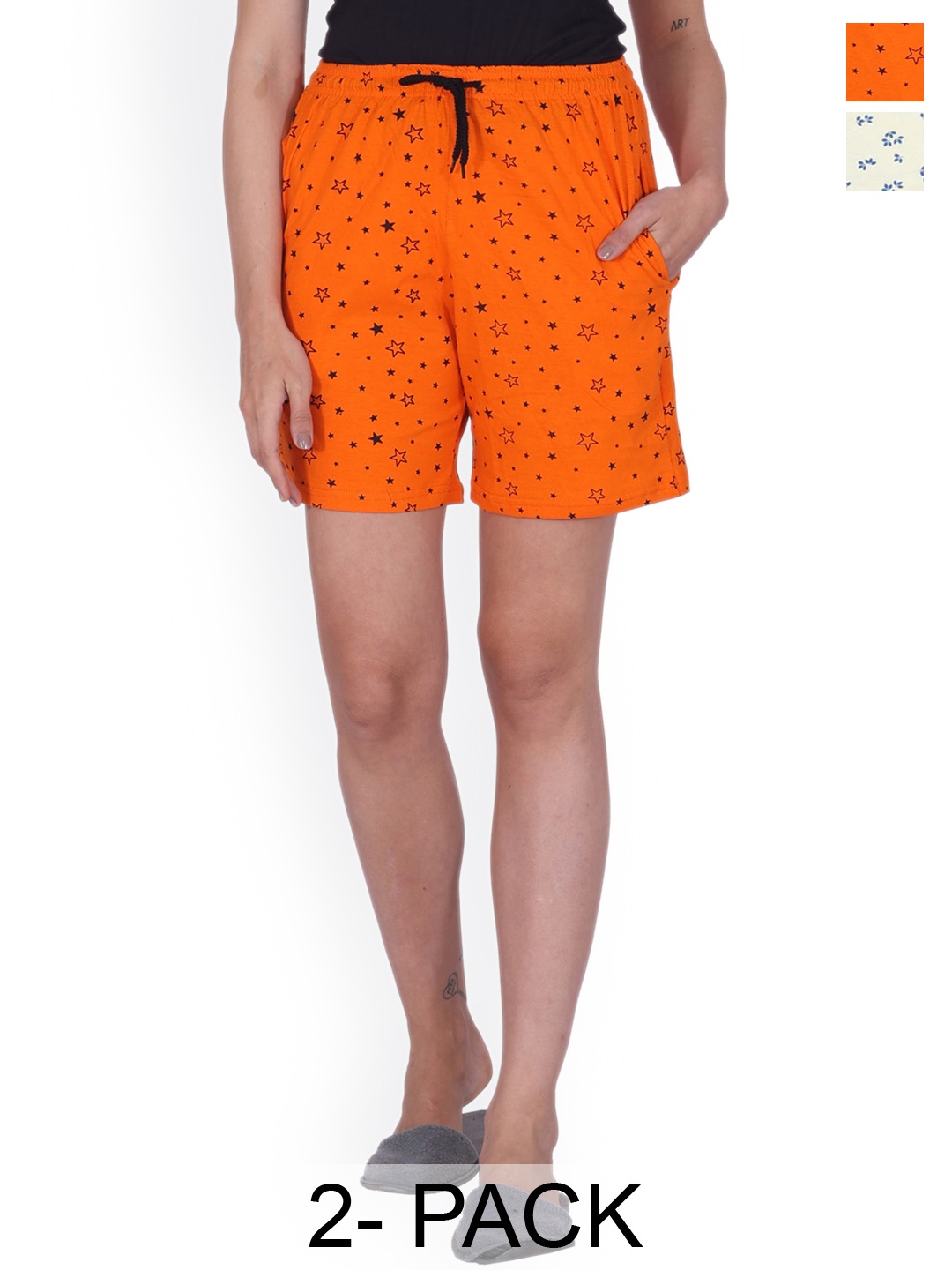 

BAESD Pack Of 2 Printed High-Rise Pure Cotton Lounge Shorts, Orange