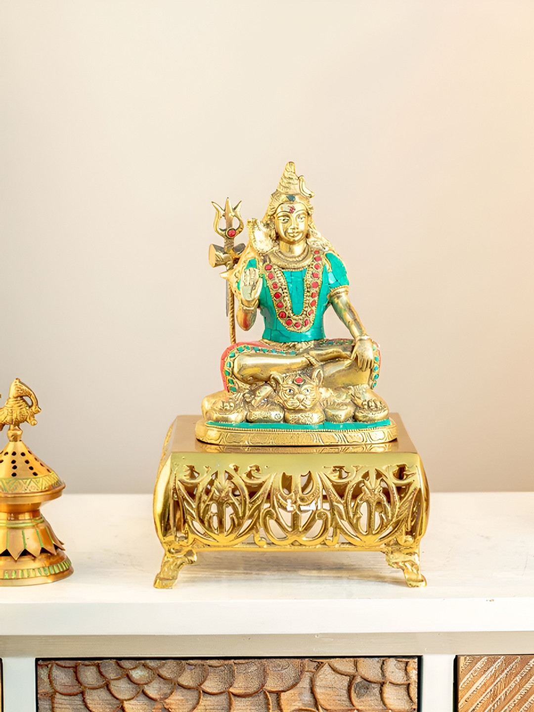 

THEDECORKART Gold Toned & Green Religious Brass Idol Showpiece