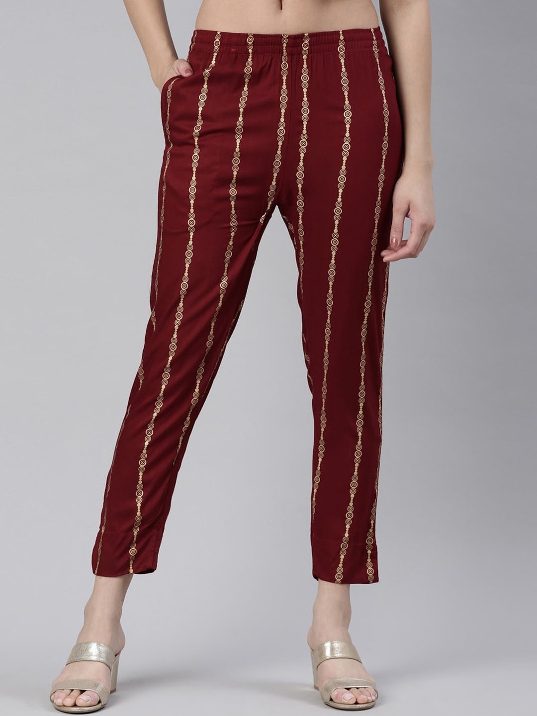 

Kryptic Women Striped Mid-Rise Slim Fit Trousers, Maroon