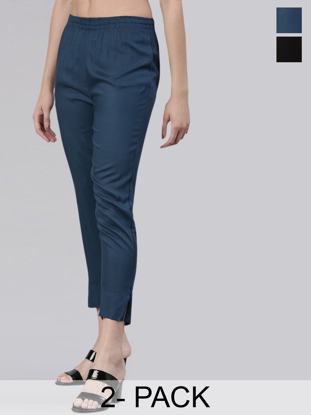 

Kryptic Women Slim Fit Pack Of 2 Cropped Trousers, Black