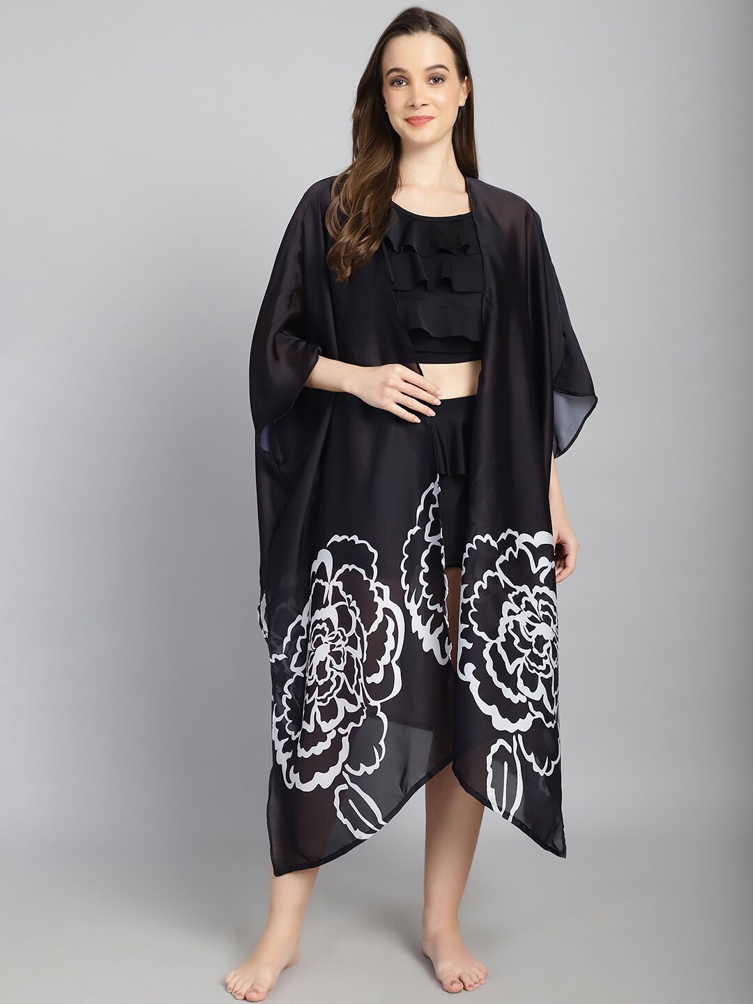 

CUKOO Floral Long Slit Swimwear Cover up Top, Black