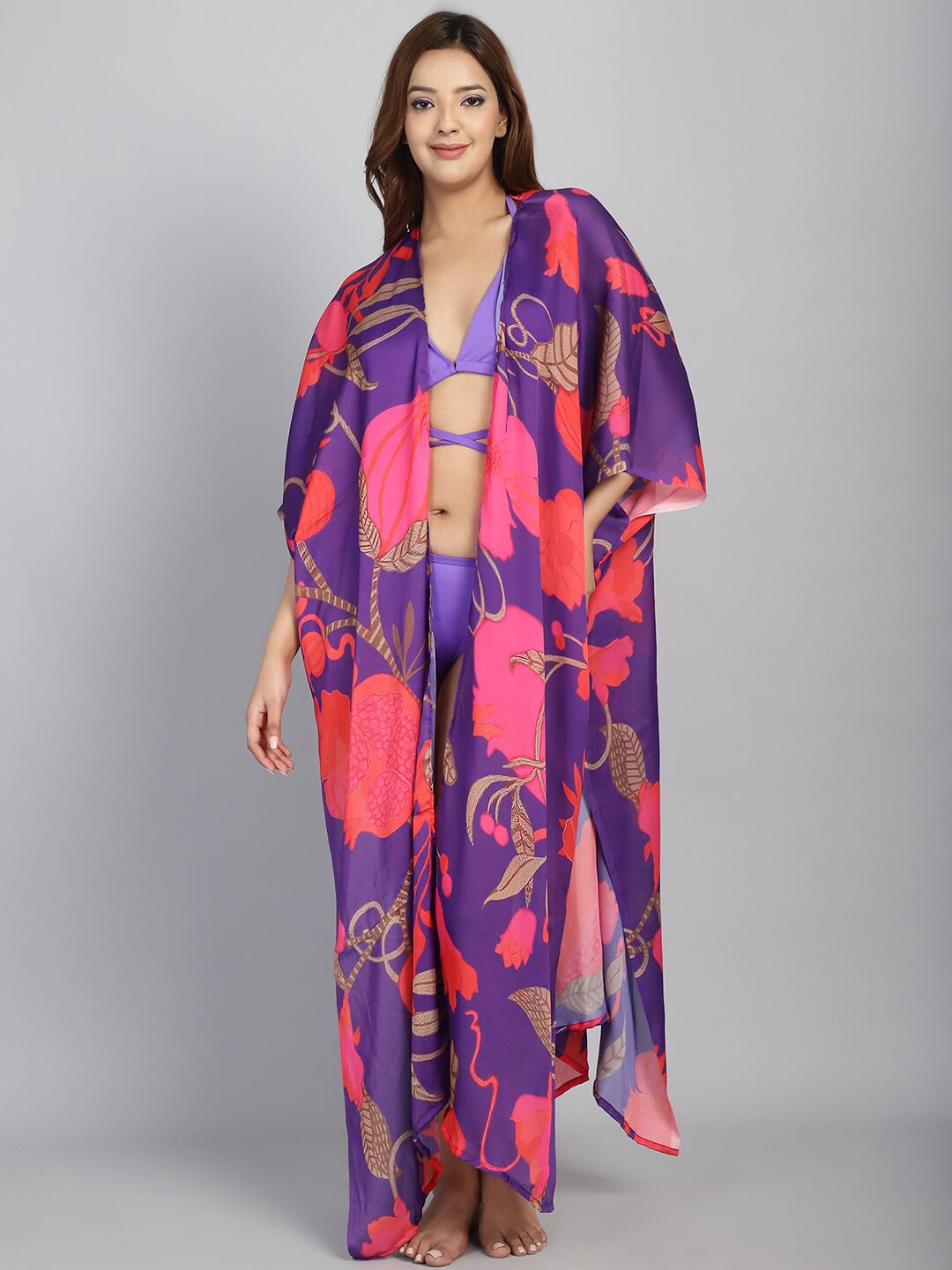 

CUKOO Floral Printed Comfort Fit Kaftan Style Swimwear Cover Up Top, Purple