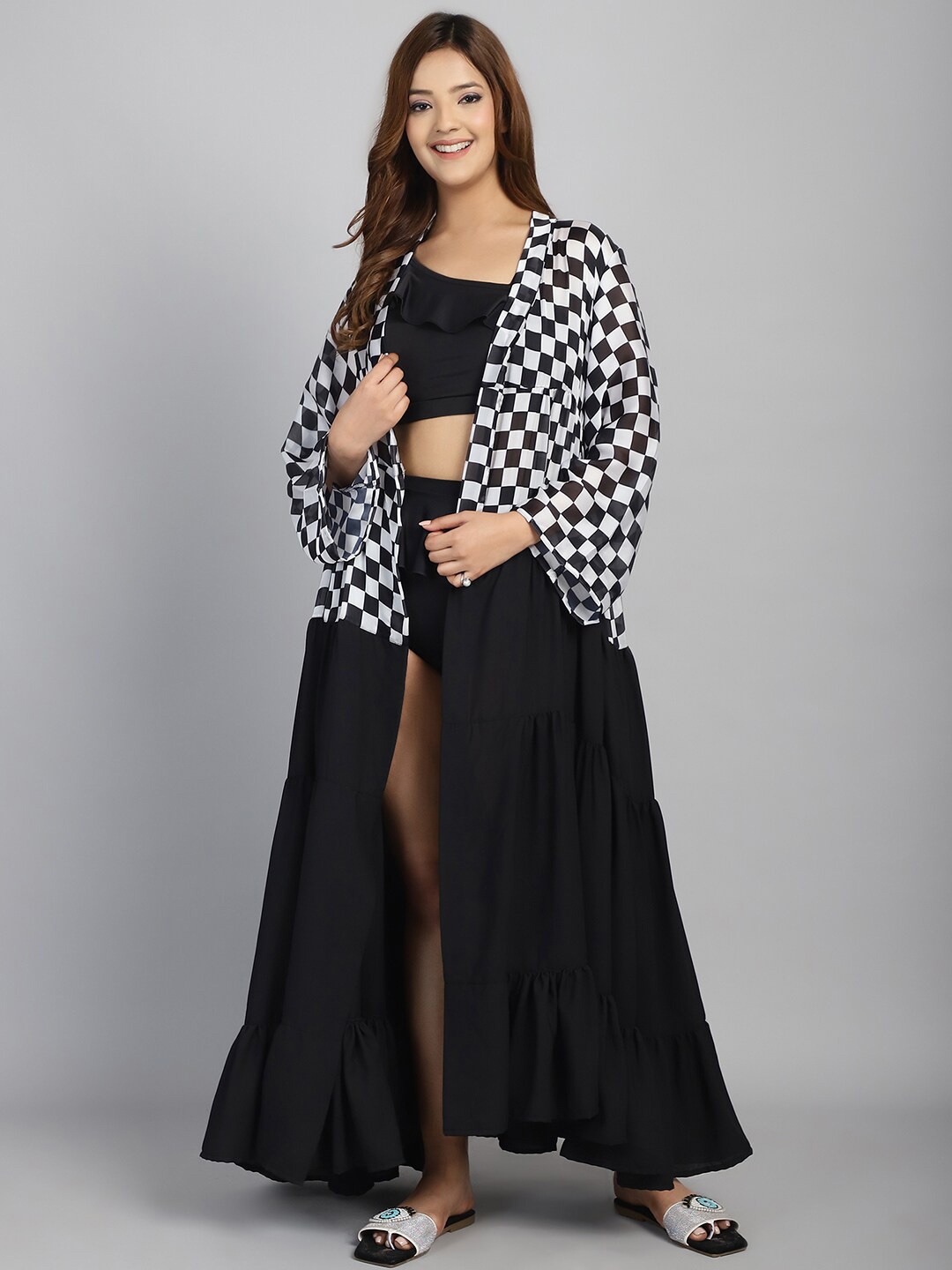 

CUKOO Geometric Swimwear Cover up Top, Black