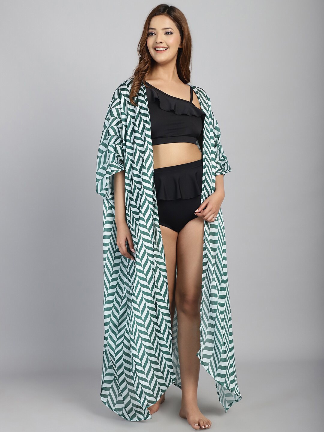 

CUKOO Geometric Printed Swimwear Cover up Top, Green
