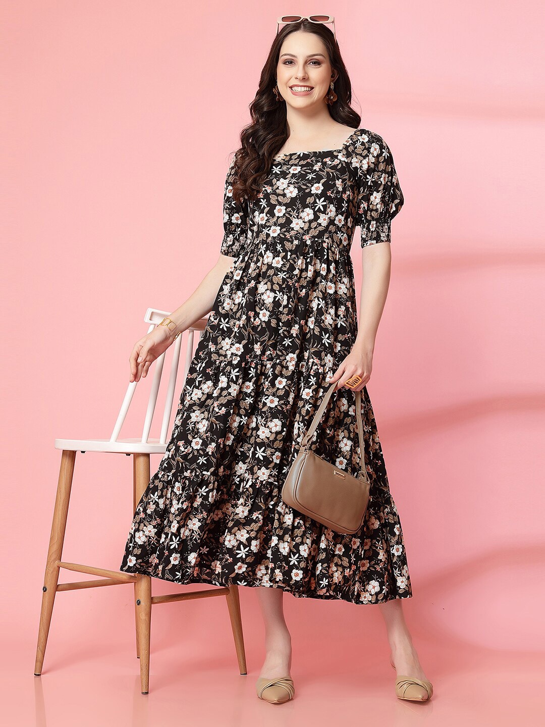 

Selvia Floral Print Crepe Puff Sleeves Maxi Dress, Black