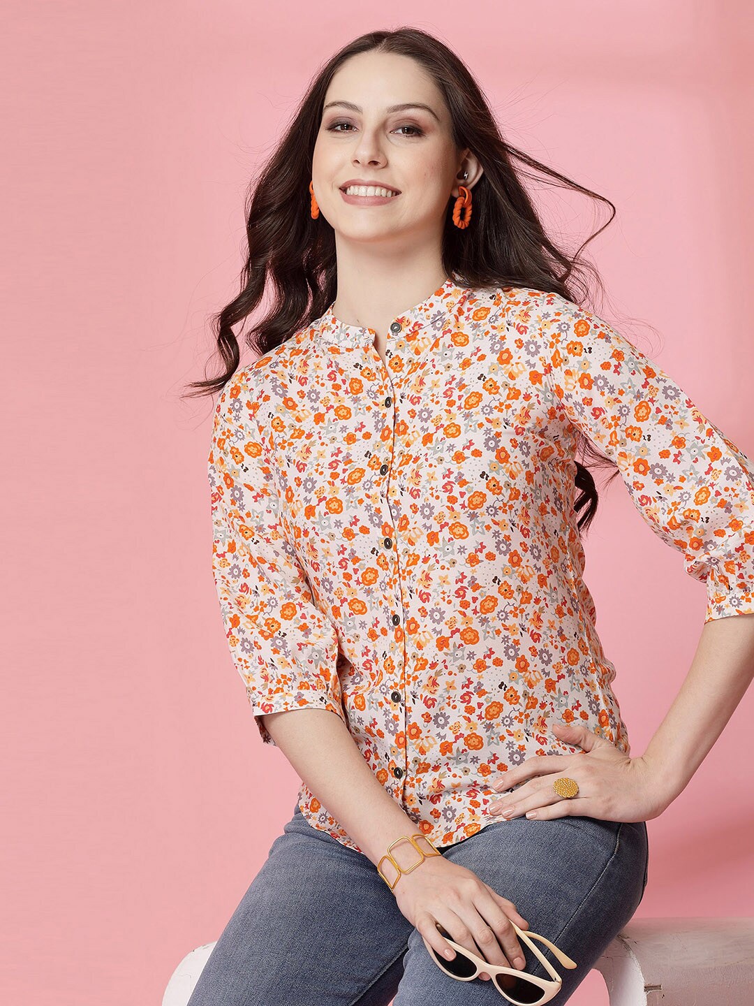 

Selvia New Floral Printed Mandarin Collar Casual Shirt, Cream