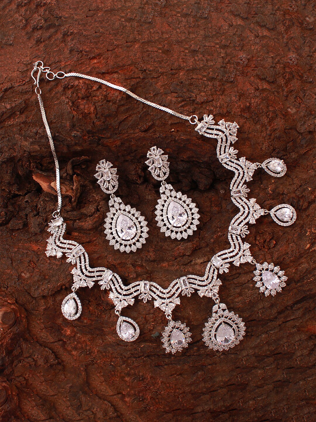 

Mirana Rhodium-Plated Cubic Zirconia Studded Necklace With Earrings, White