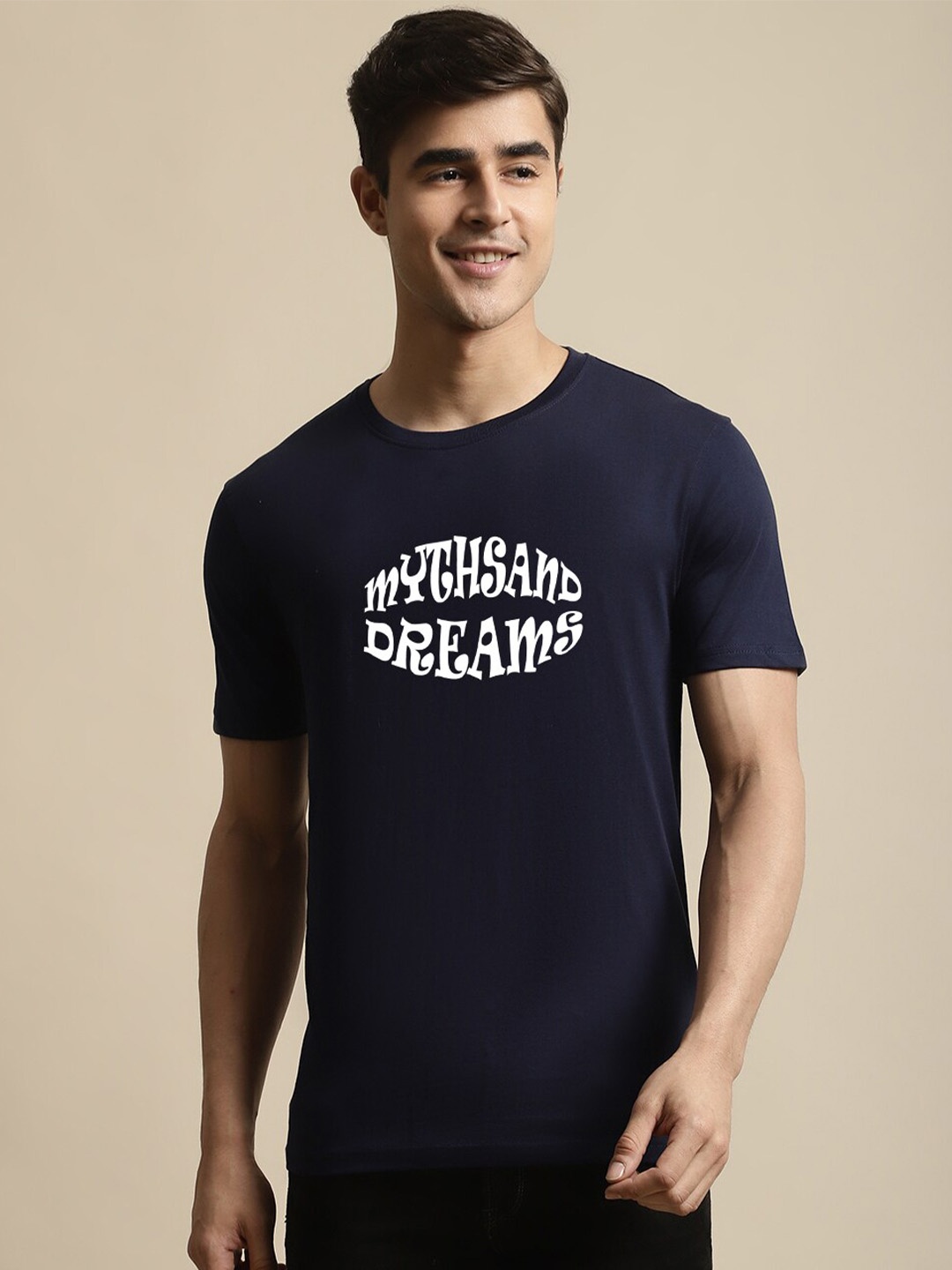 

Miaz Lifestyle Typography Printed Pure Cotton T-Shirt, Navy blue