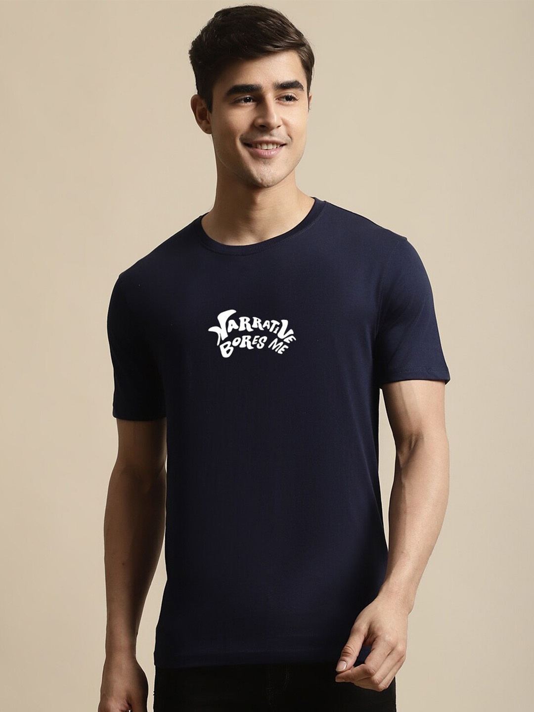 Miaz Lifestyle Typography Printed Pure Cotton T-Shirt, Navy blue