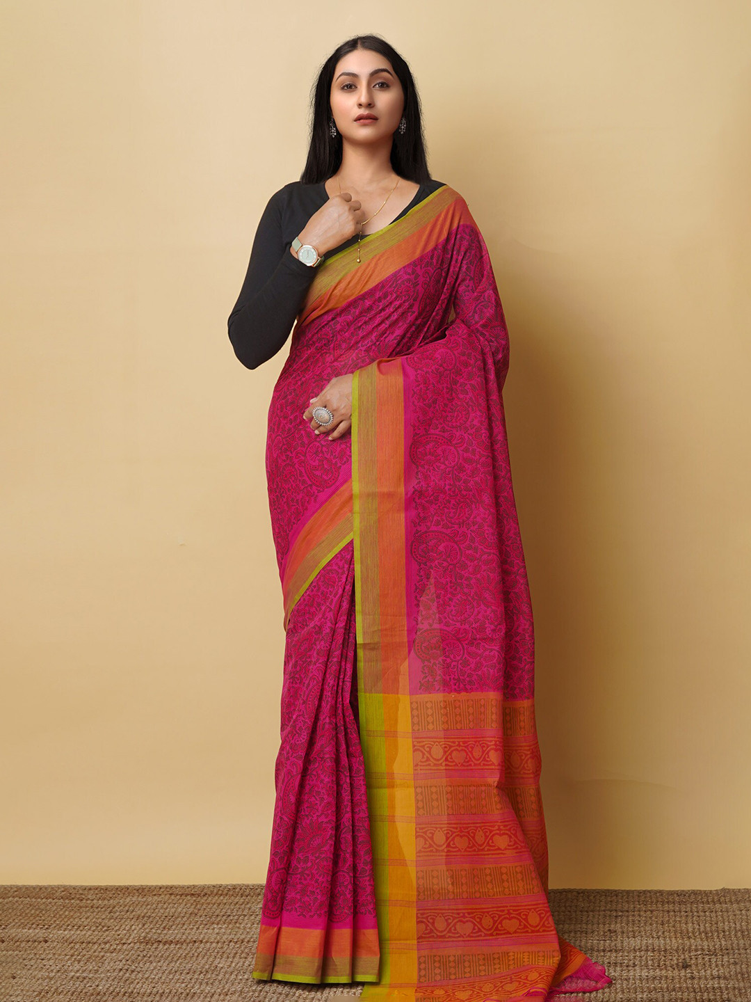 

Unnati Silks Ethnic Motifs Printed Handloom Pure Cotton Mangalagiri Saree, Pink