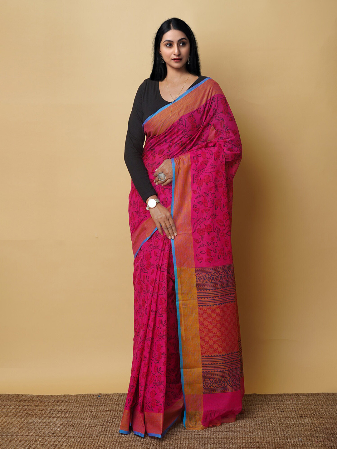 

Unnati Silks Ethnic Motifs Printed Handloom Pure Cotton Mangalagiri Saree, Pink