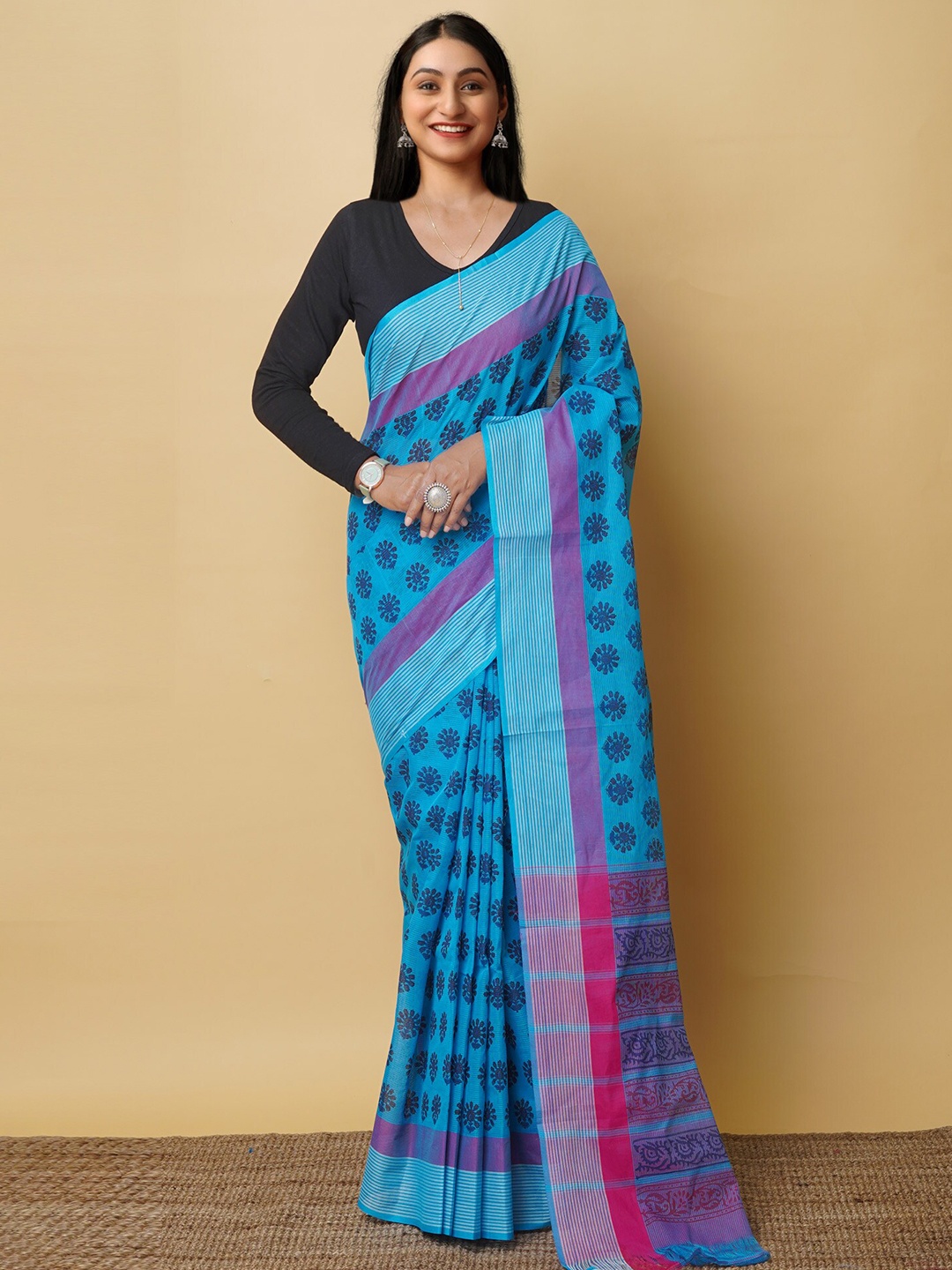 

Unnati Silks Ethnic Motifs Printed Handloom Pure Cotton Mangalagiri Saree, Blue