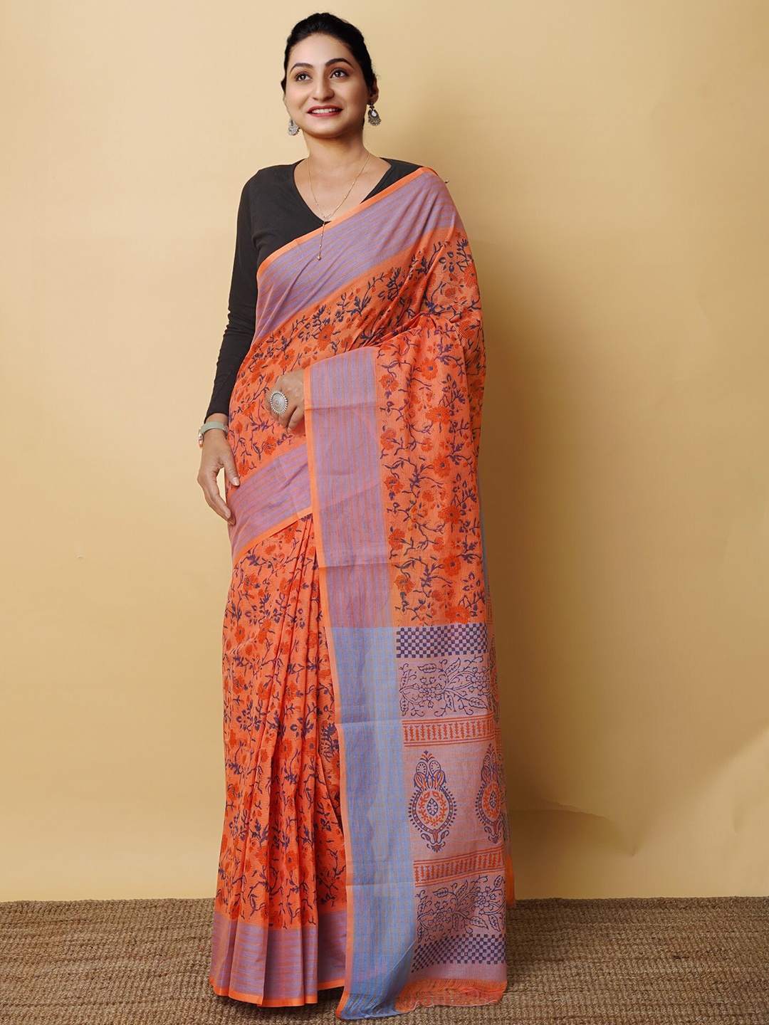 

Unnati Silks Ethnic Motifs Printed Handloom Pure Cotton Mangalagiri Saree, Orange