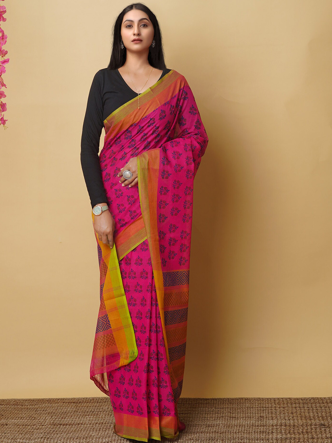 

Unnati Silks Ethnic Motifs Printed Handloom Pure Cotton Mangalagiri Saree, Pink
