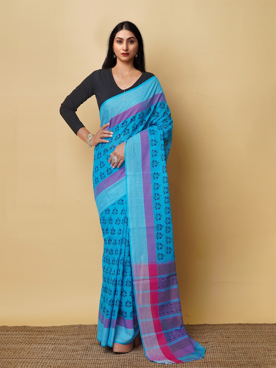 

Unnati Silks Ethnic Motifs Printed Handloom Pure Cotton Mangalagiri Saree, Blue