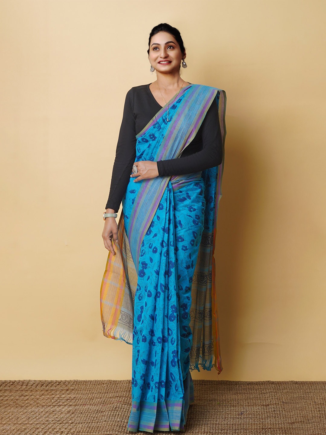 

Unnati Silks Ethnic Motifs Printed Handloom Pure Cotton Mangalagiri Saree, Blue