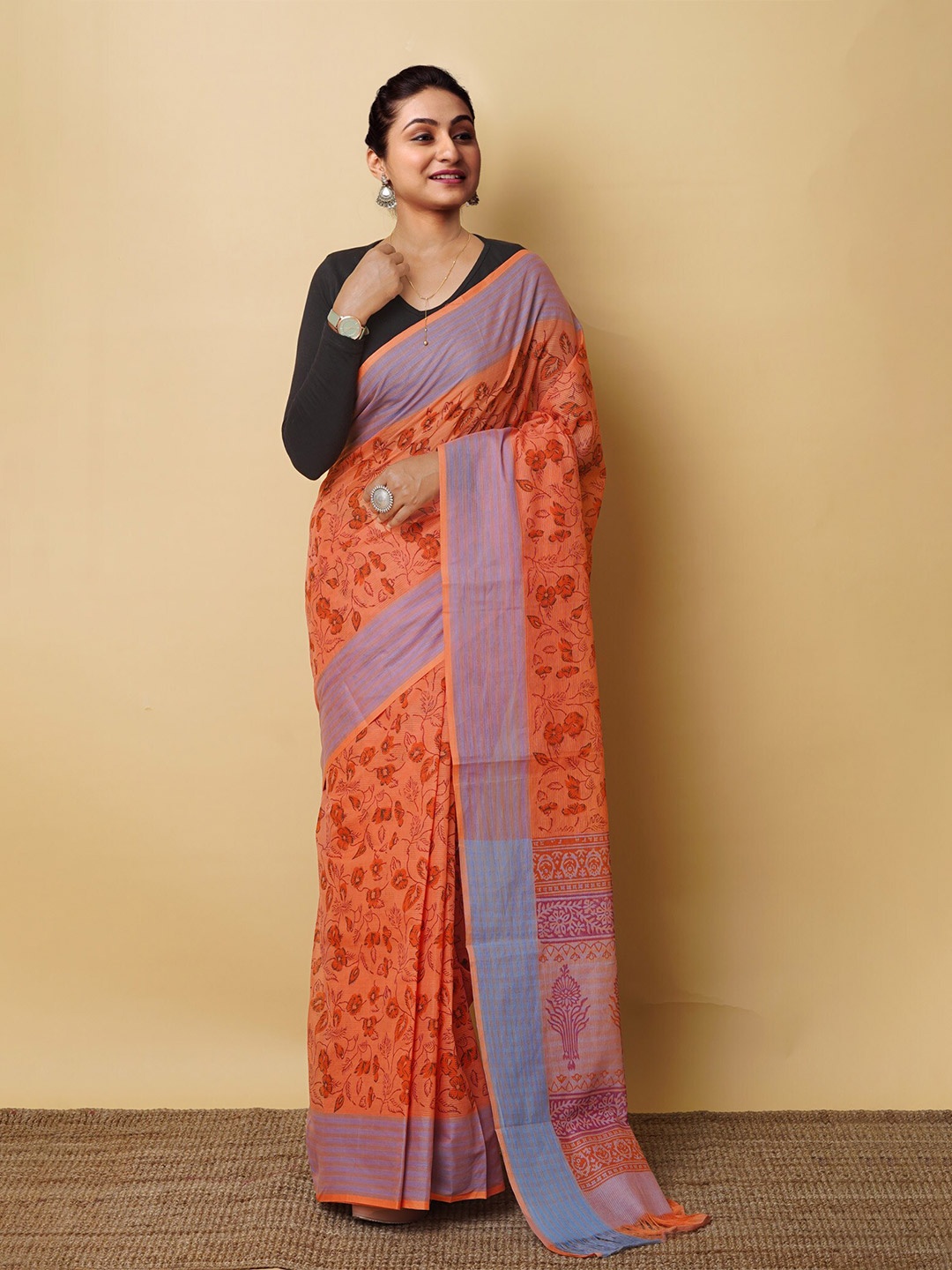 

Unnati Silks Ethnic Motifs Printed Handloom Pure Cotton Mangalagiri Saree, Orange
