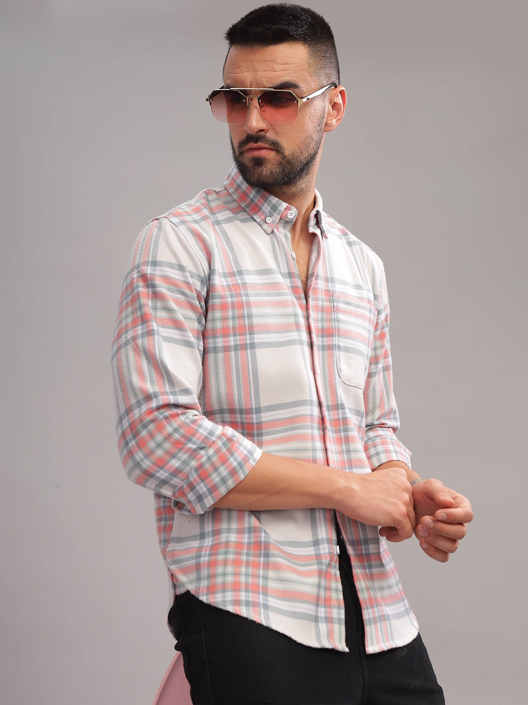 

HERE&NOW Tartan Checks Printed Cotton Slim Fit Casual Shirt, White