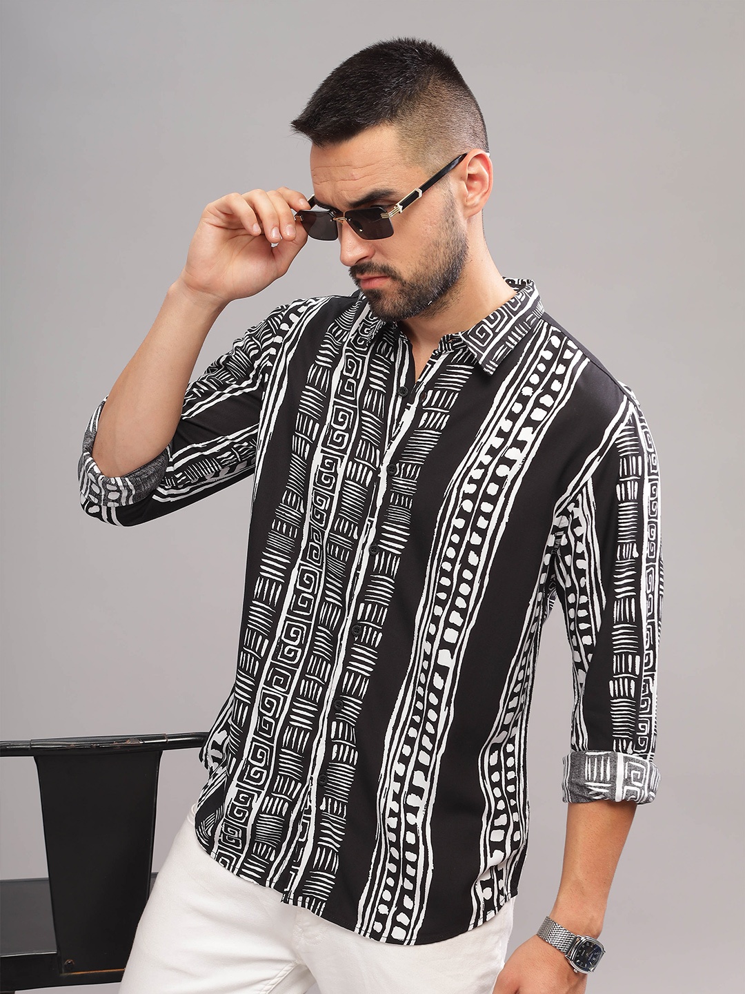 

HERE&NOW Abstract Printed Slim Fit Opaque Casual Shirt, Black