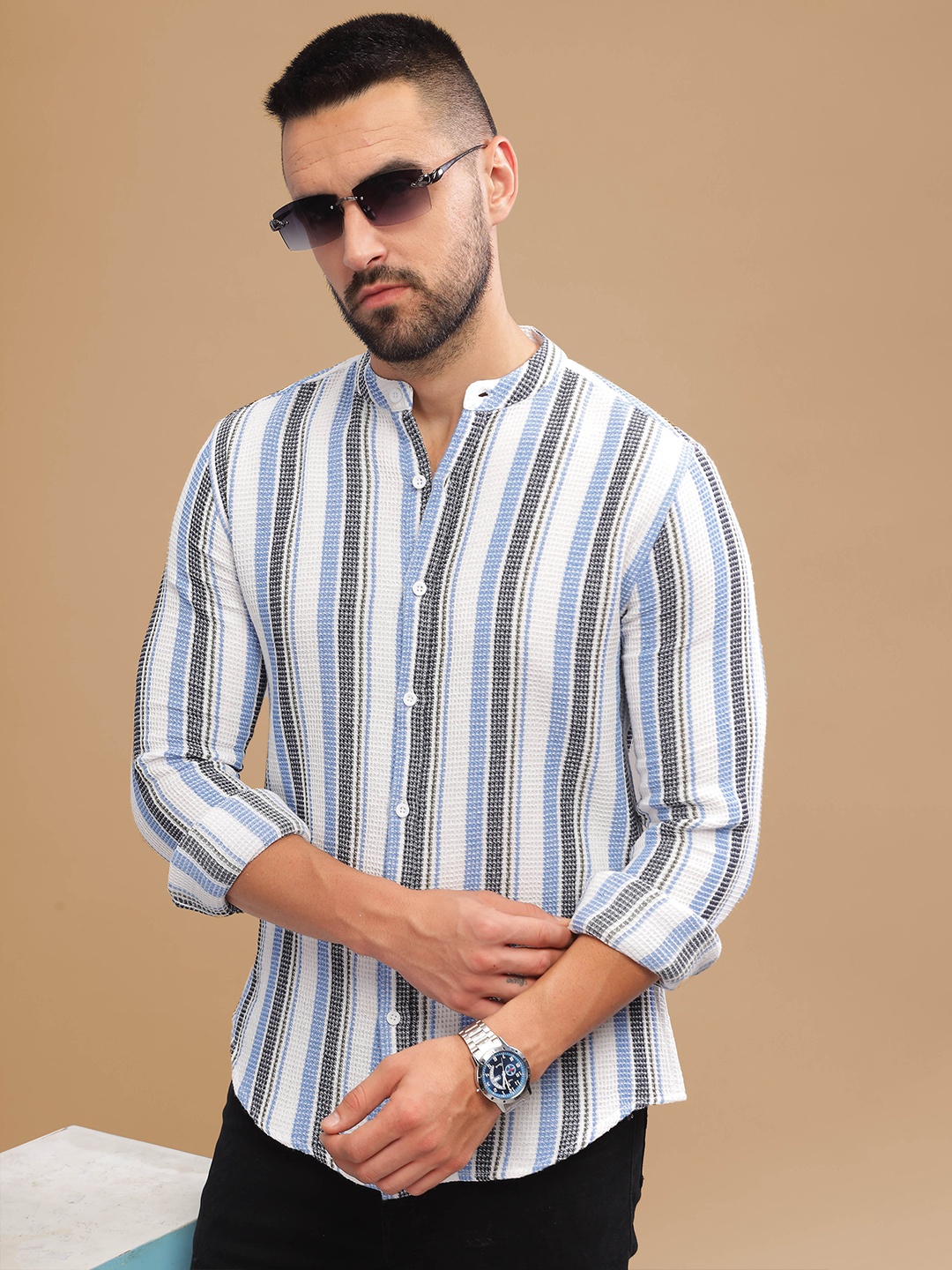 

HERE&NOW Vertical Striped Slim Fit Cotton Opaque Casual Shirt, White