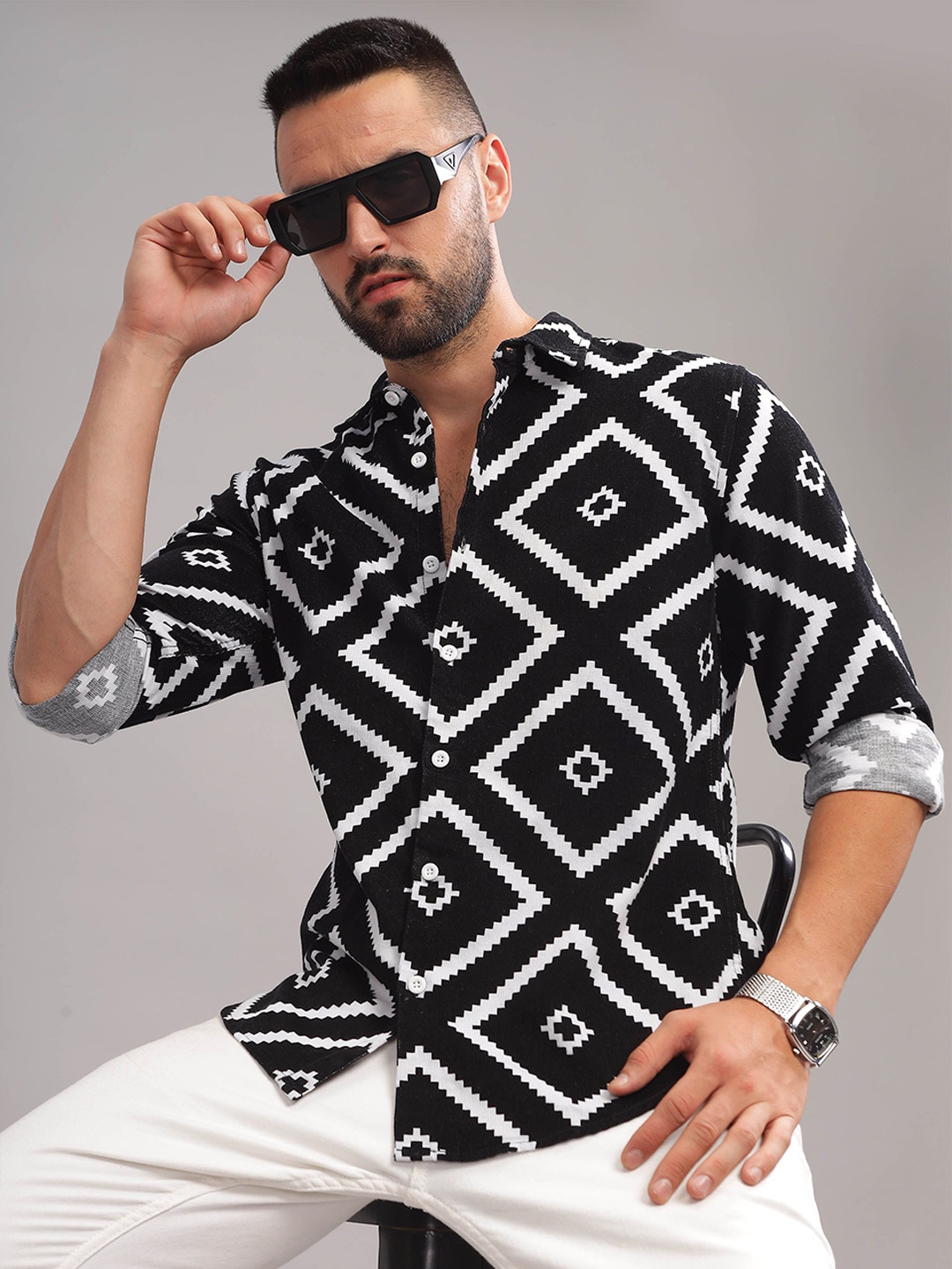 

HERE&NOW Geometric Printed Slim Fit Cotton Opaque Casual Shirt, Black