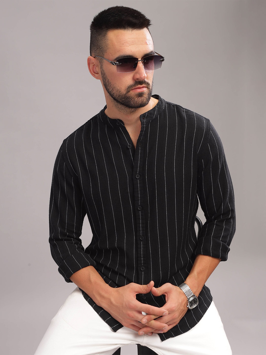 

HERE&NOW Vertical Striped Slim Fit Cotton Opaque Casual Shirt, Black