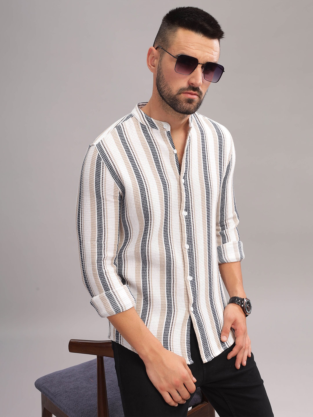 

HERE&NOW Slim Fit Opaque Striped Mandarin Collar Regular Sleeves Casual Shirt, White