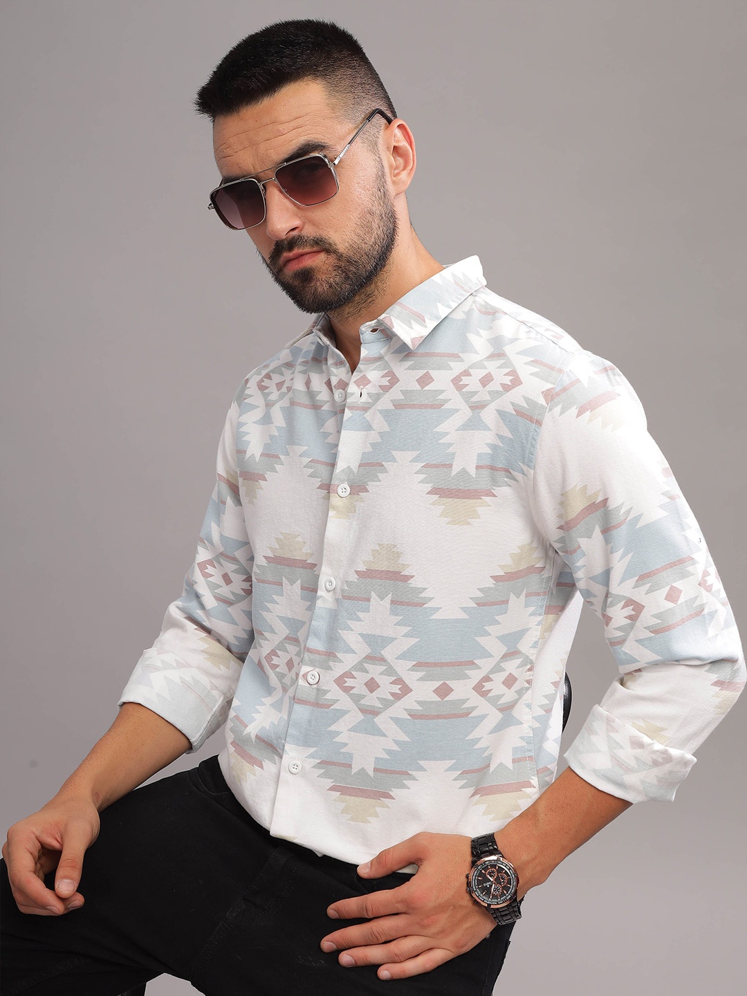 

HERE&NOW Abstract Printed Slim Fit Cotton Opaque Casual Shirt, White