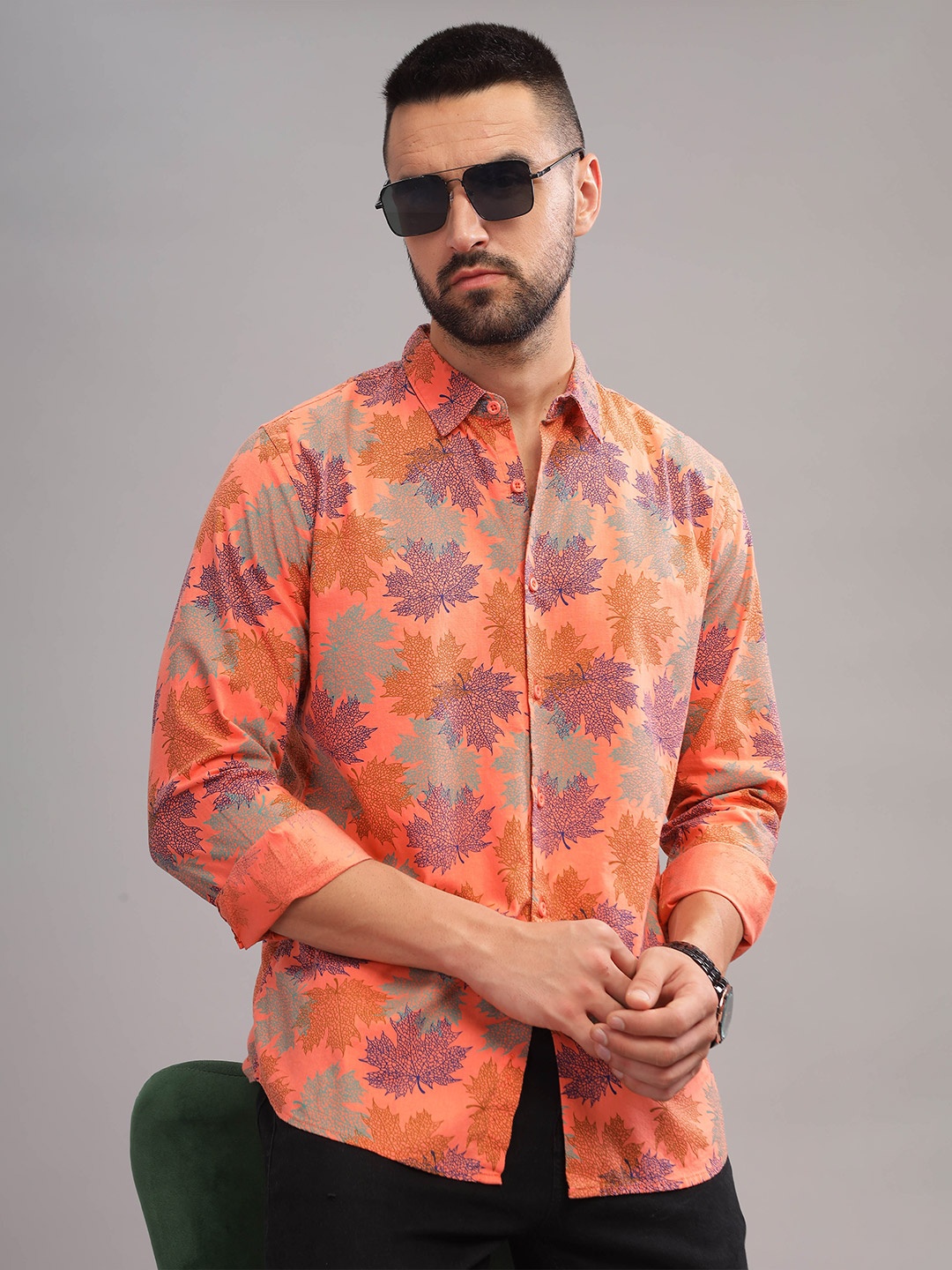 

HERE&NOW Floral Printed Slim Fit Cotton Opaque Casual Shirt, Orange