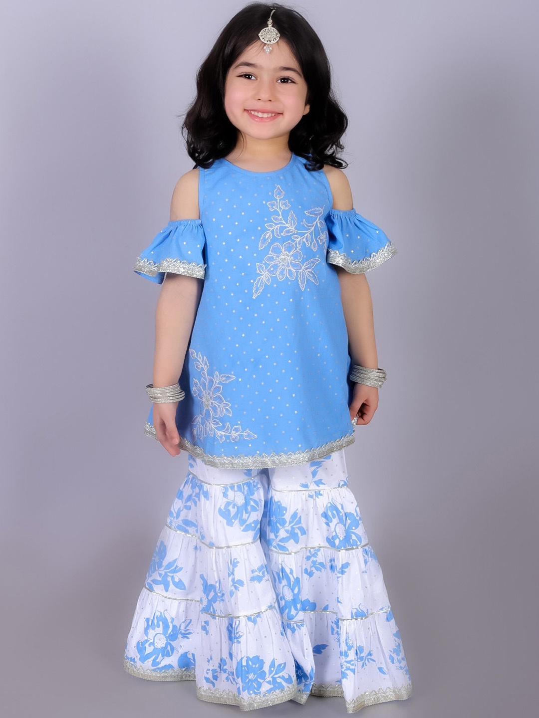 

LIL DRAMA Girls Ethnic Motifs Embroidered Thread Work Pure Cotton Kurta with Sharara, Blue