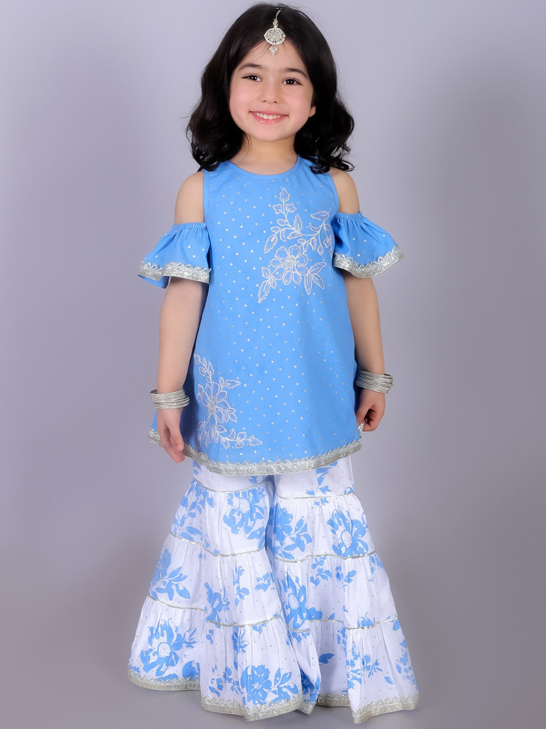 

LIL DRAMA Girls Floral Embroidered Regular Thread Work Pure Cotton Kurta with Sharara, Blue