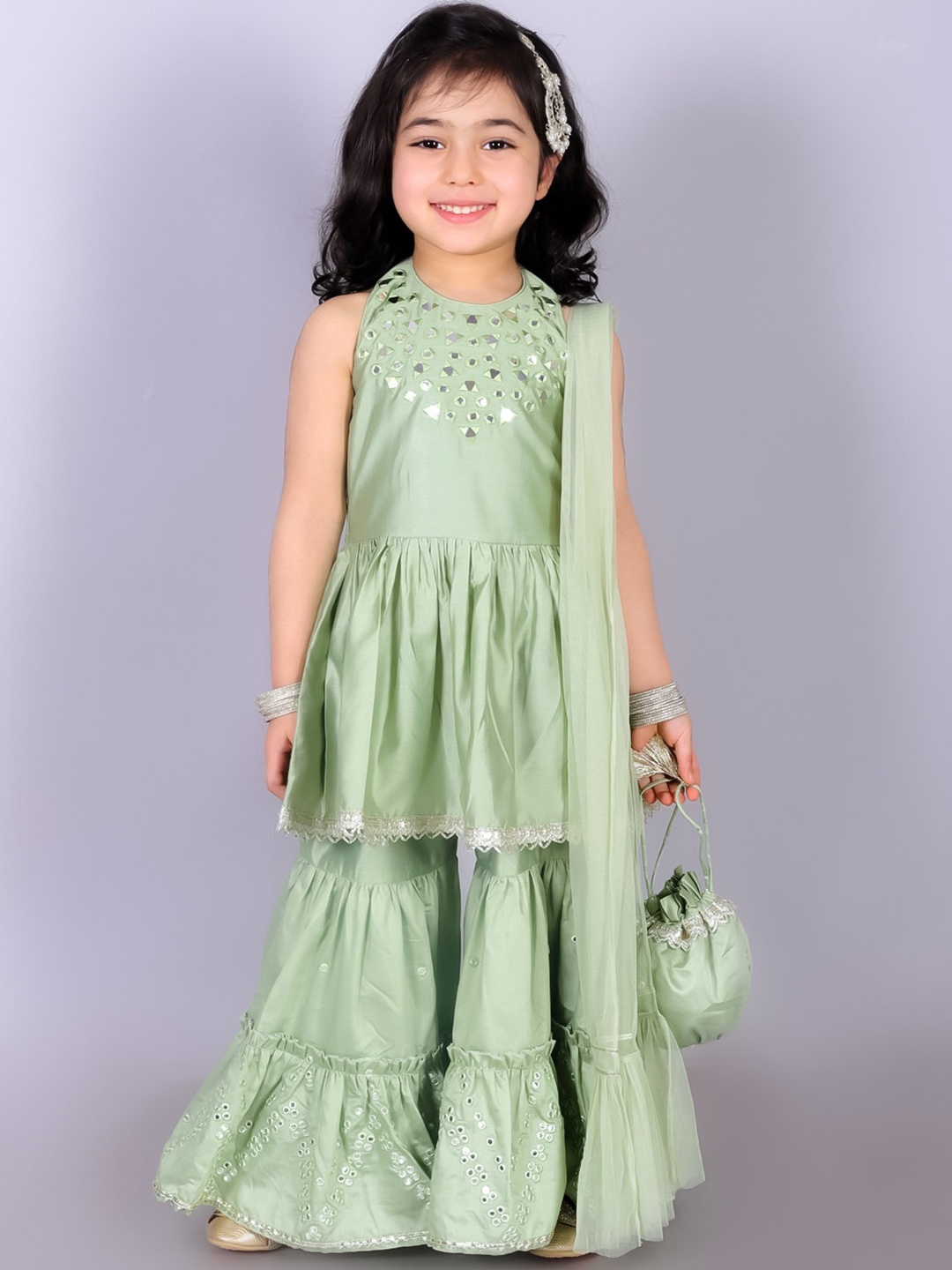 

LIL DRAMA Girls Embroidered Empire Mirror Work Kurti with Sharara & Dupatta, Green