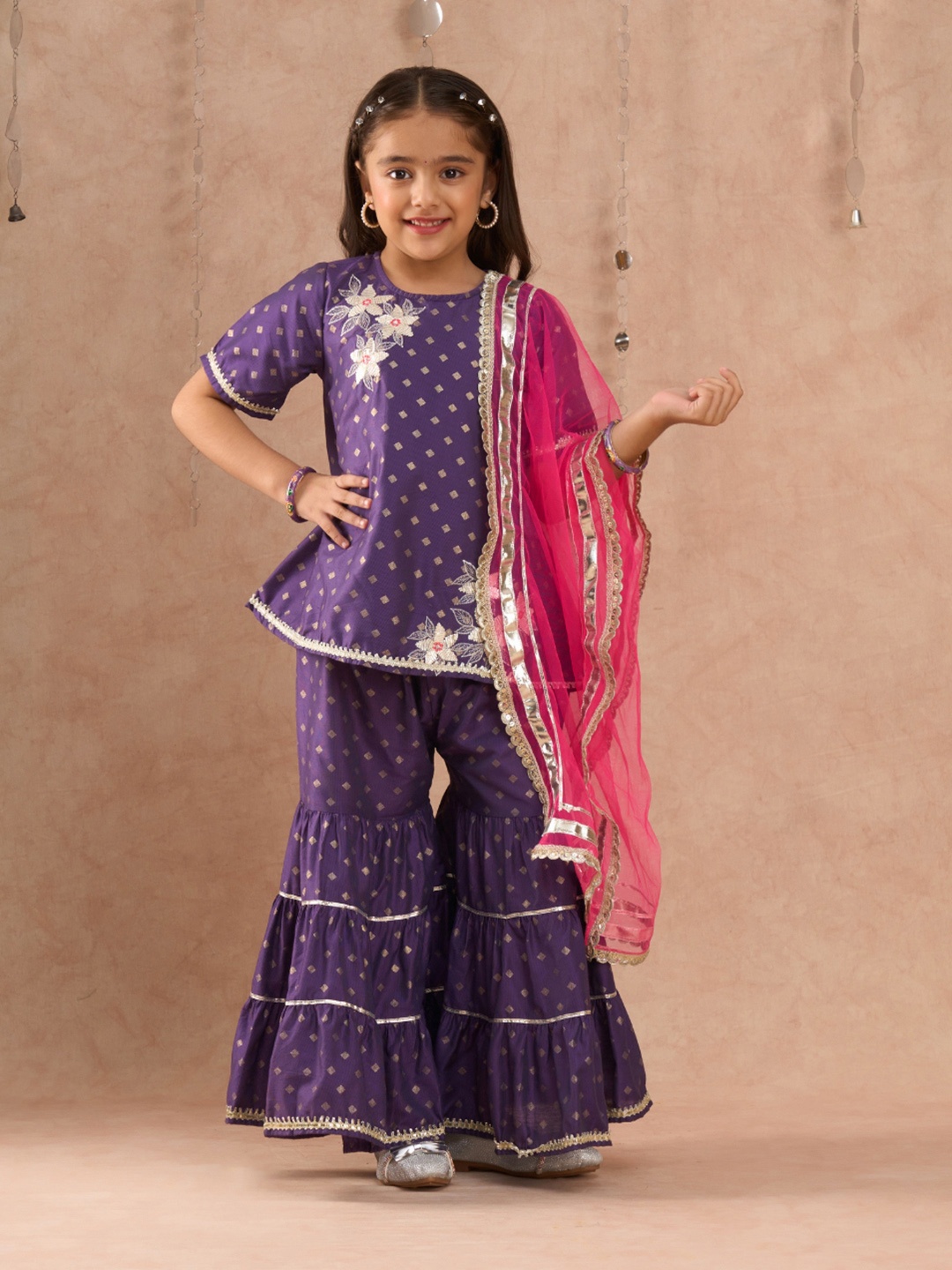 

LIL DRAMA Girls Ethnic Motifs Embroidered Regular Thread Work Kurta with Sharara & Dupatta, Purple