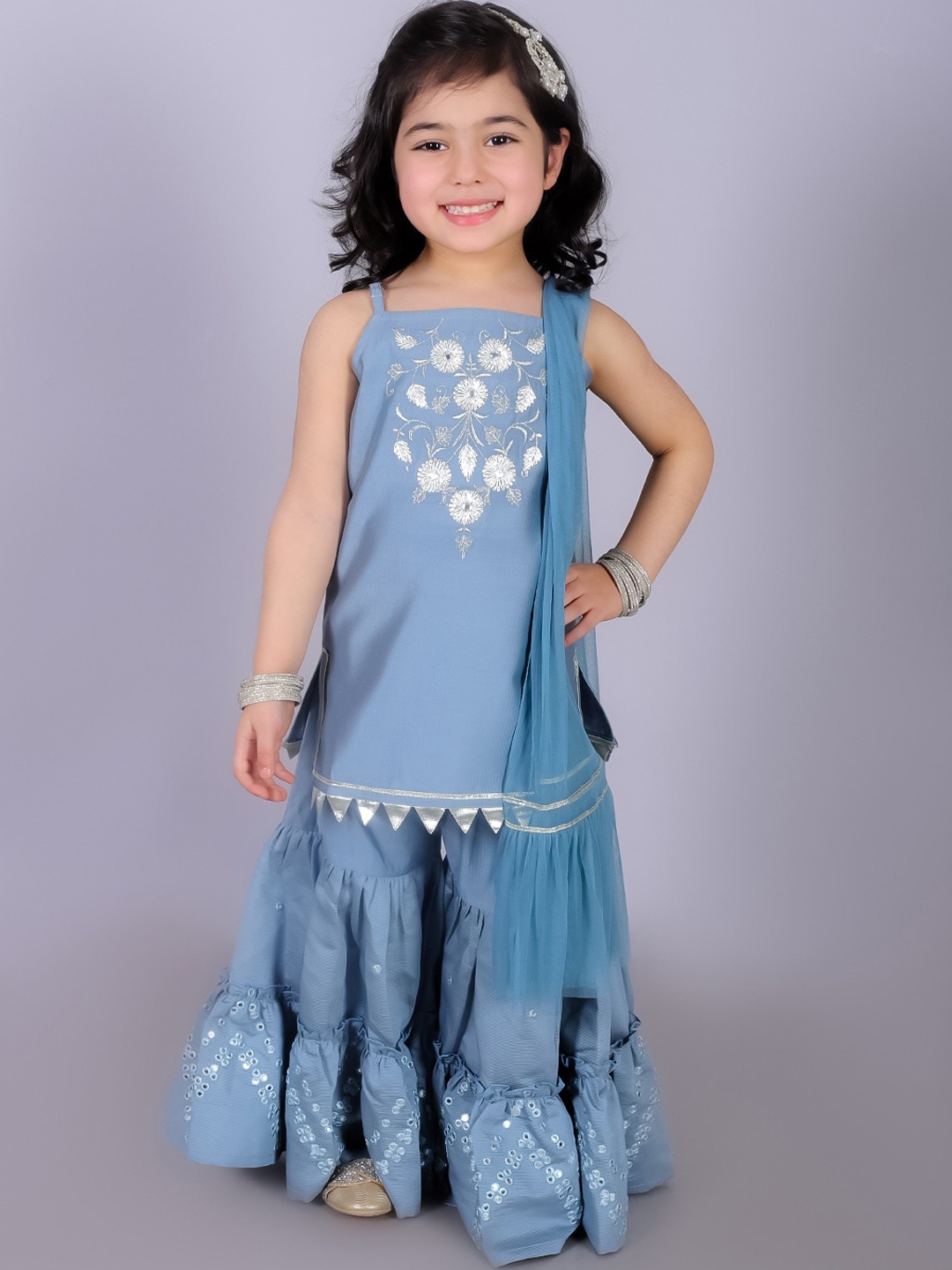 

LIL DRAMA Girls Floral Embroidered Regular Kurta with Sharara & With Dupatta, Blue