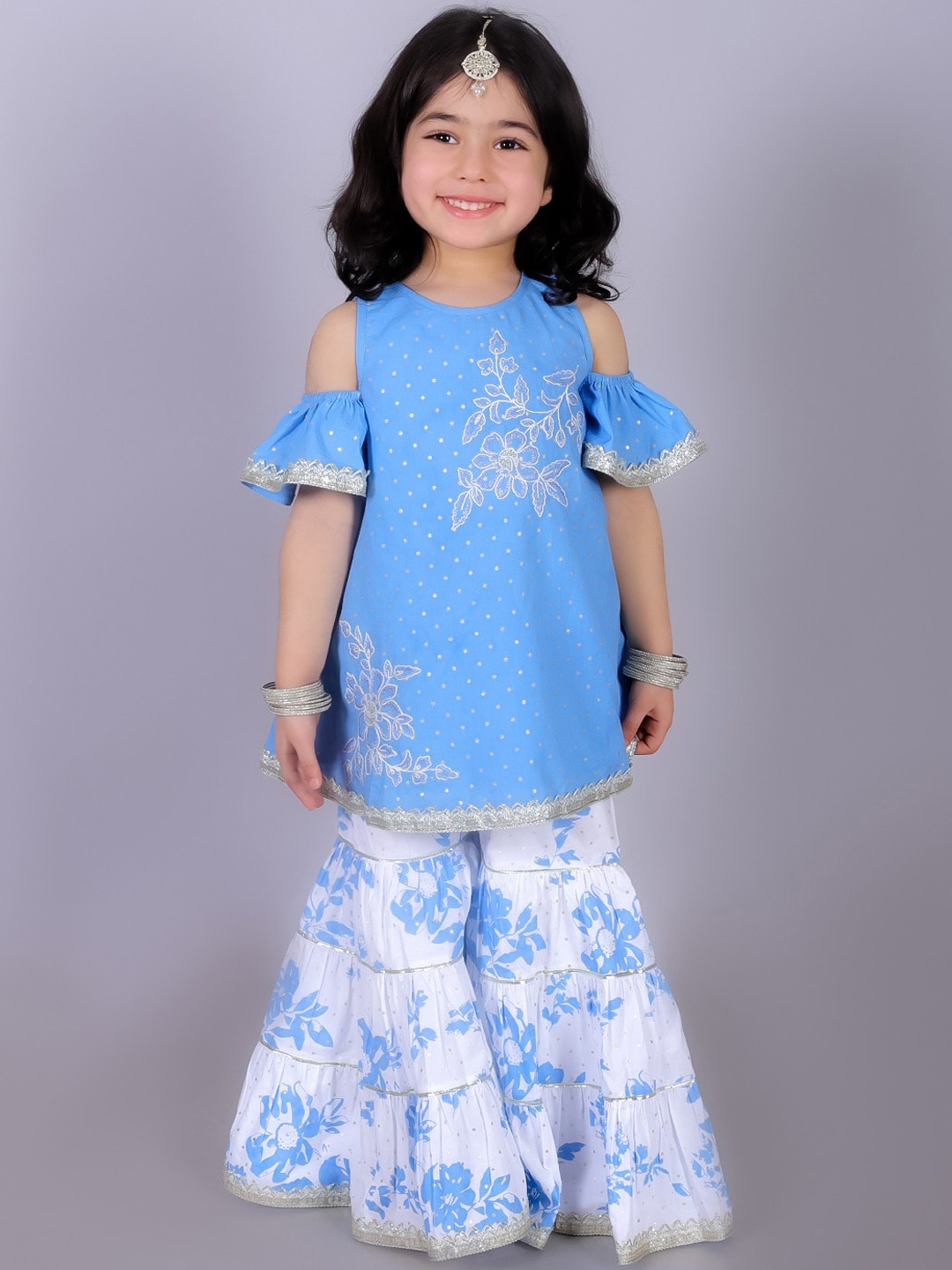 

LIL DRAMA Girls Ethnic Motifs Embroidered Thread Work Pure Cotton Kurta with Sharara, Blue