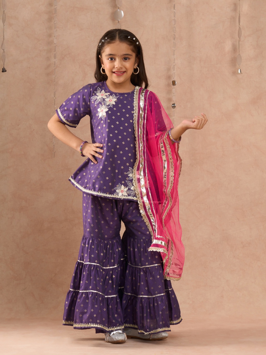 

LIL DRAMA Girls Ethnic Motifs Embroidered Regular Gotta Patti Kurti with Sharara & Dupatta, Purple