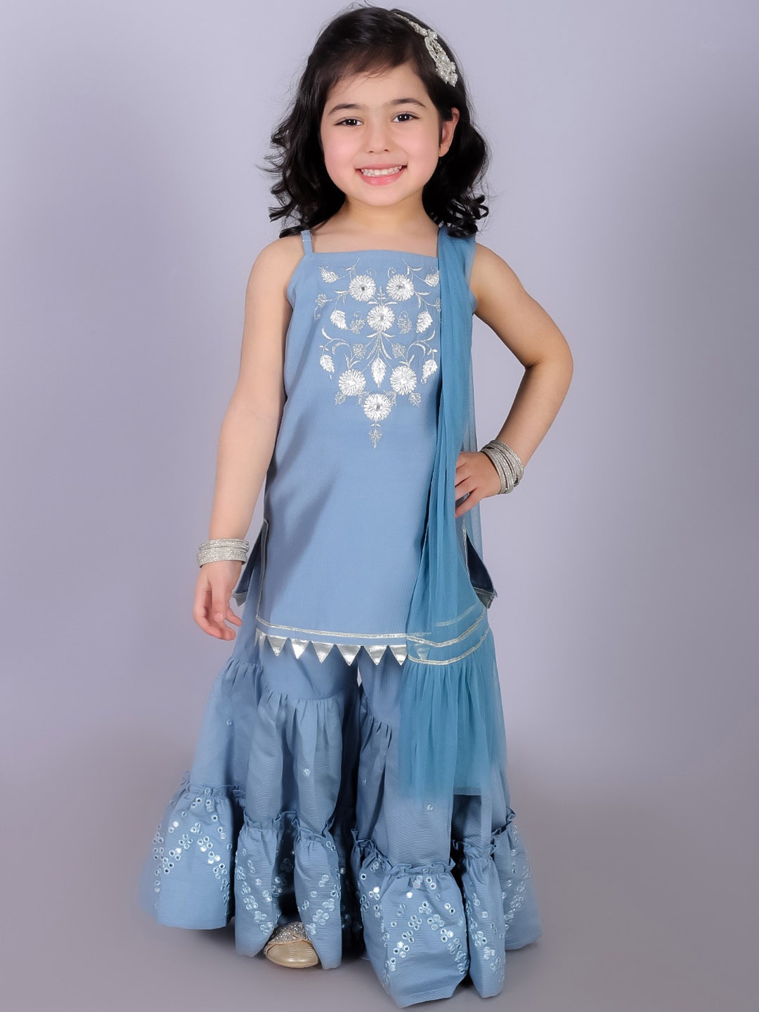 

LIL DRAMA Girls Floral Embroidered Regular Thread Work Kurta with Sharara & Dupatta, Blue