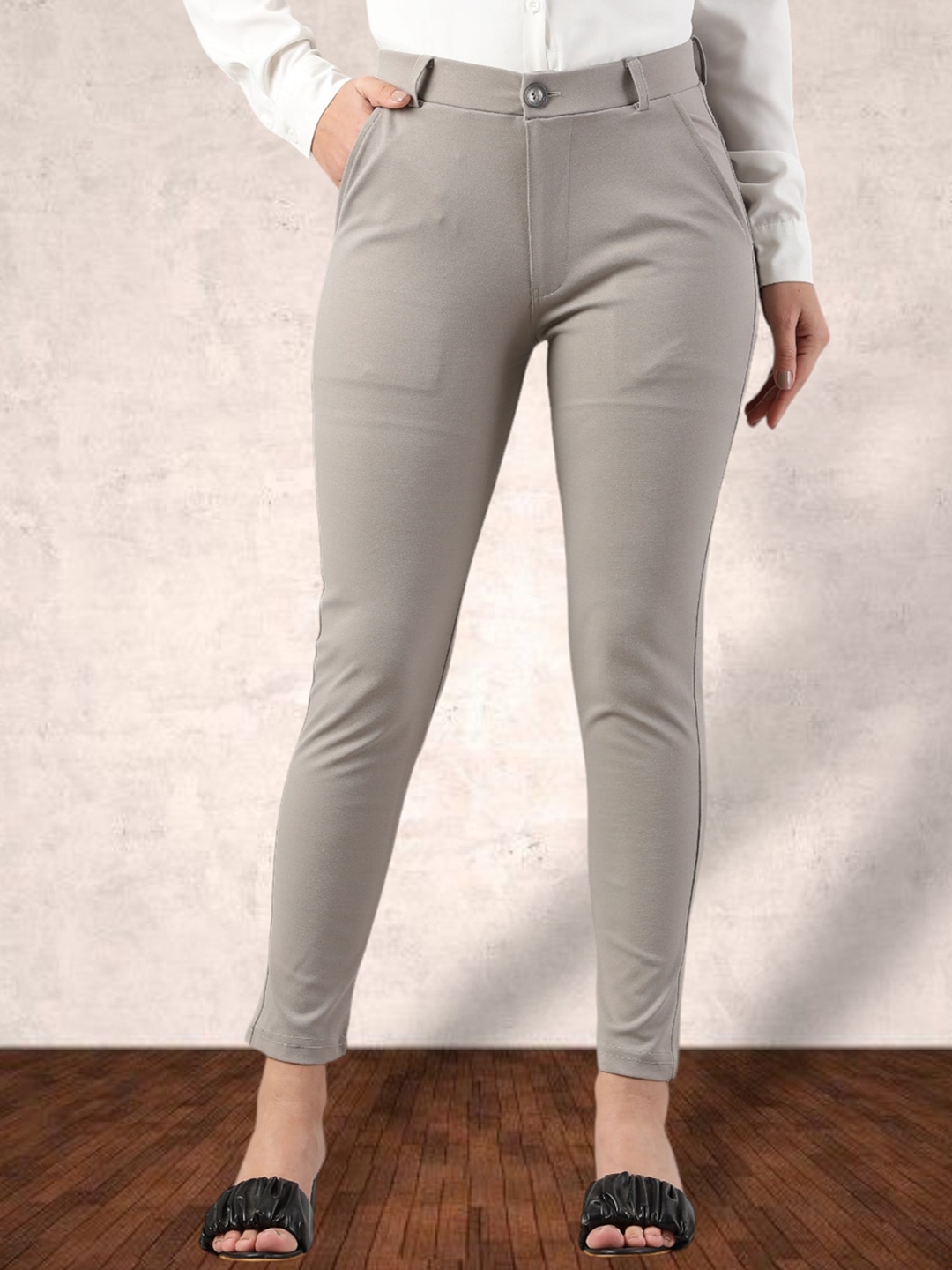 

FITHUB Women Slim Fit High-Rise Formal Trousers, Grey
