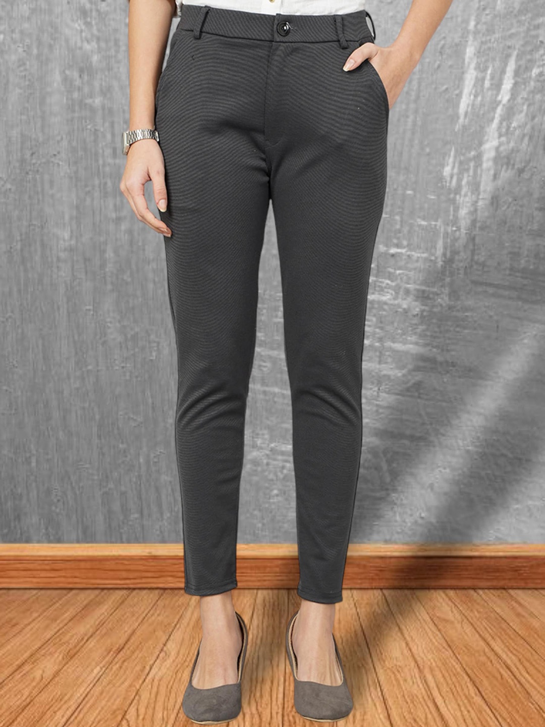 

FITHUB Women Slim Fit High-Rise Formal Trousers, Charcoal
