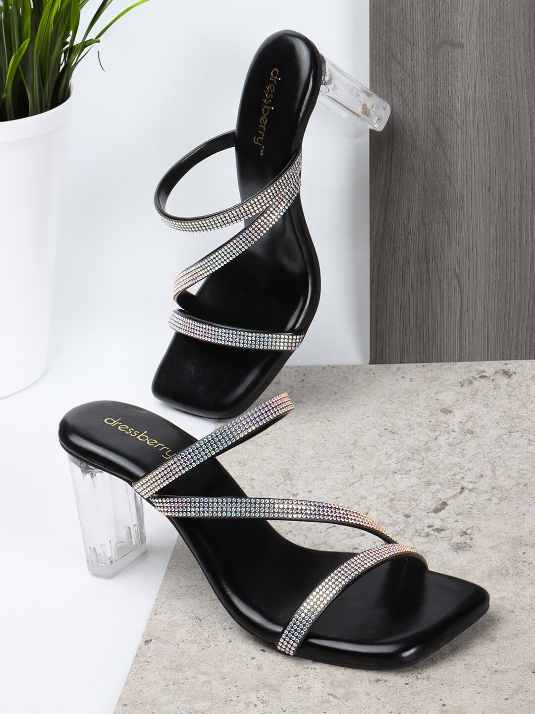 

DressBerry Black Embellished Block Heels