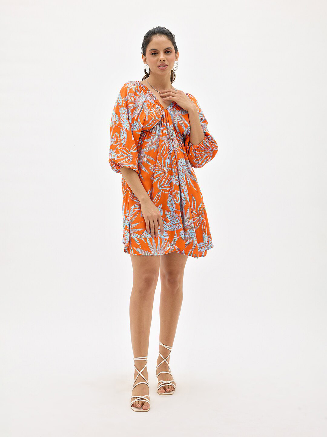 

Virgio Floral Printed V-Neck Puff Sleeve Empire Dress, Orange