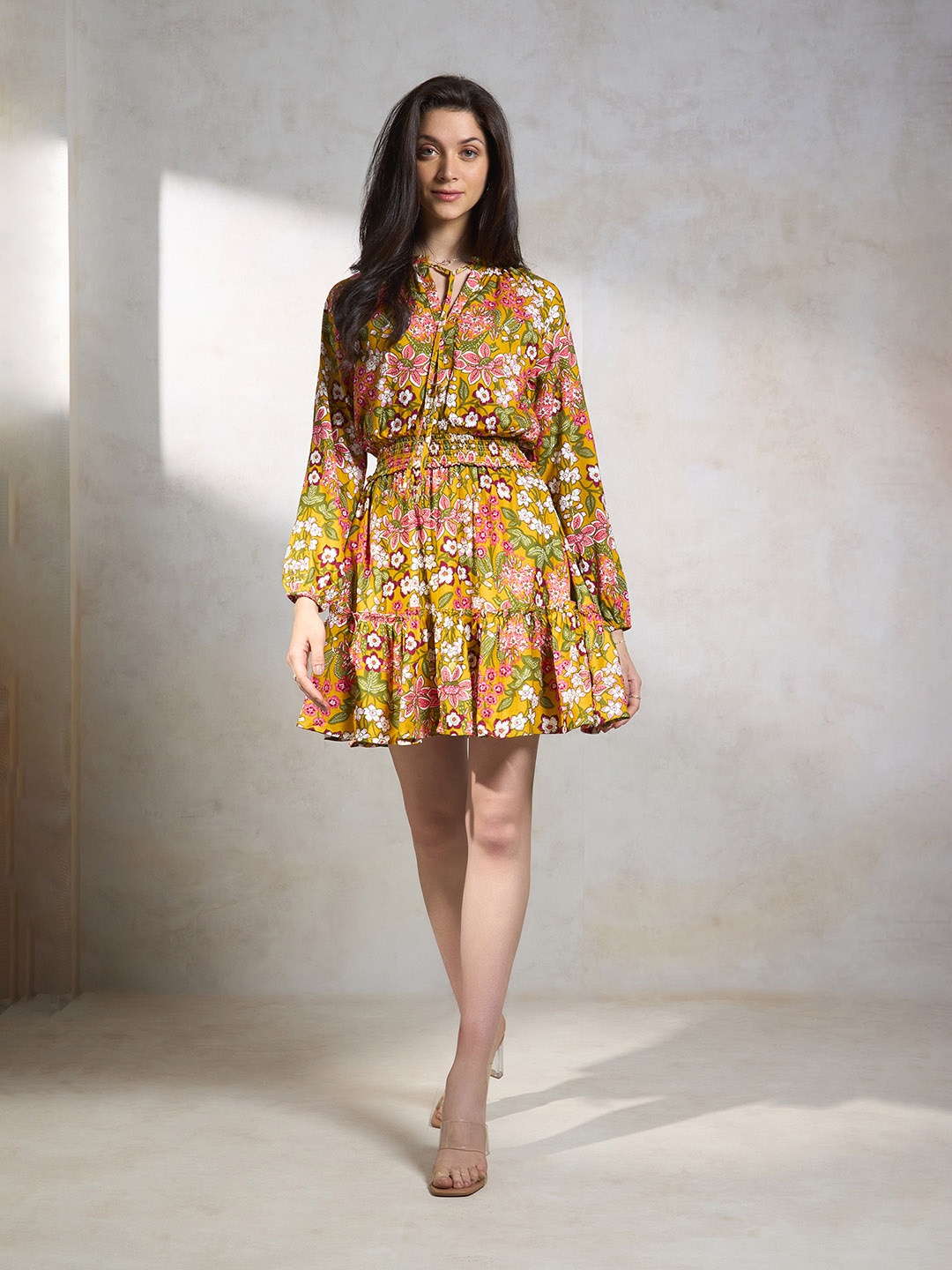 

Virgio Floral Printed Tie Up Neck Puff Sleeve Smocked Fit & Flare Dress, Yellow